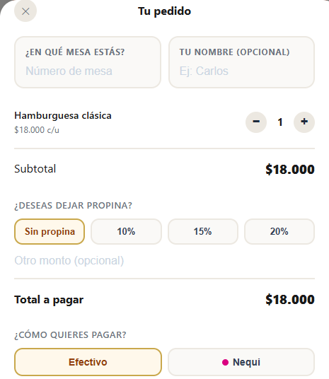 Carrito del menú público con el campo de mesa y métodos de pago
