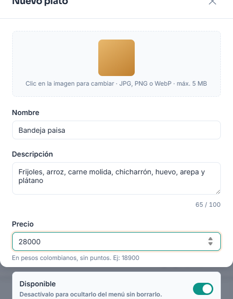 Modal para crear un plato nuevo