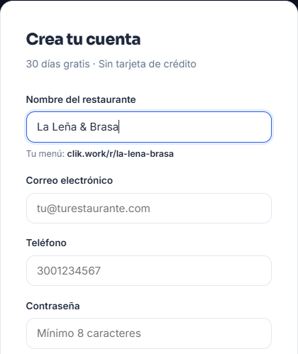 Formulario de registro de CLIK